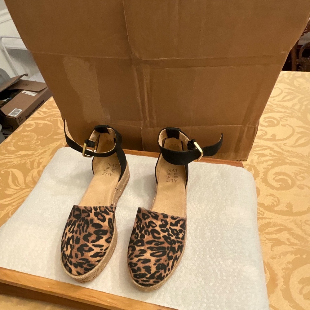 Naturalizer Leopard Print Espadrille Ankle Strap Flats - Black & Brown
